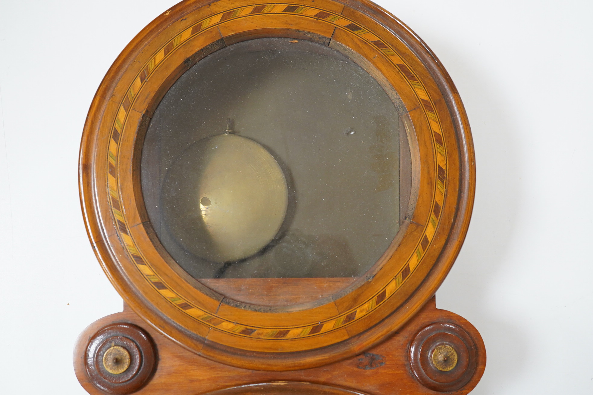 A late 19th century parquetry inlaid wall clock with Roman numeral dial, 73cm high. Condition - fair to good